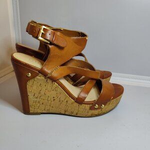 Guess Womens Brown Strap Leather Cork Wedge Sandals Size 6.5